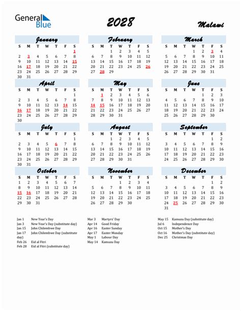 2028 Malawi Calendar With Holidays