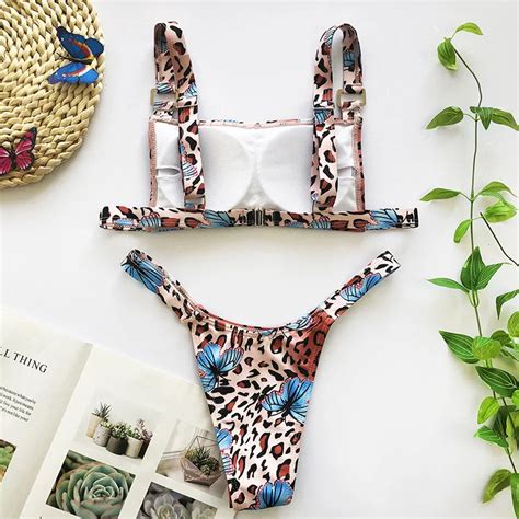 Special Ring Butterfly Print Bandeau Swimming Suit Women Split Bikini