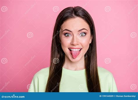 Closeup Photo Of Funny Attractive Lady Straight Long Hairdo Funny Girlish Sticking Tongue Out