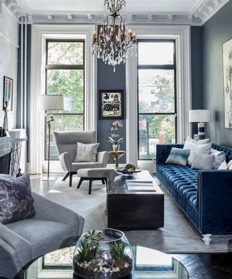 Stunning Navy Blue Living Room Decor With Glam Navy Blue Tufted Sofa