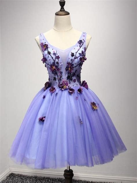 Short Lavender Homecoming Dresses Flower Applique Knee Length Prom