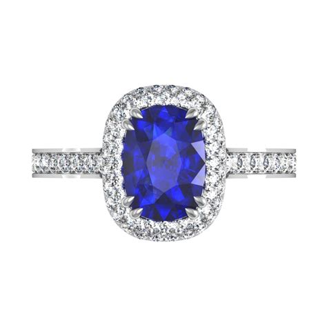 Cushion Cut Blue Sapphire Engagement Ring Micro Pave Set Halo