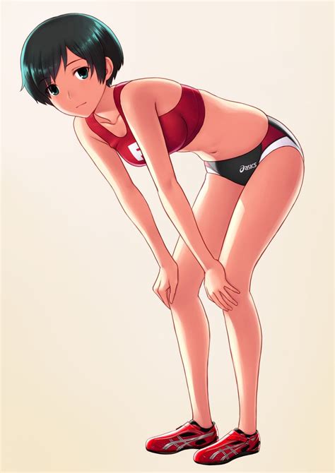 Girl Absurdres Asics Bent Over Black Hair Blue Eyes Hands On Own Knees Highres Kuri Kurigohan