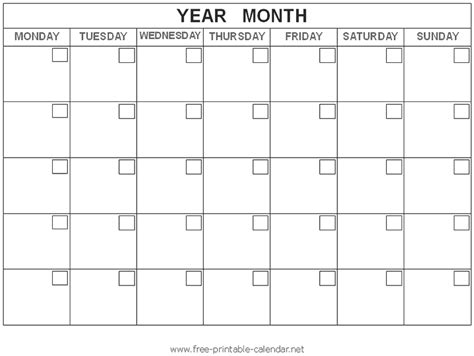 Blank Monthly Calendar Template Free Calendar Template Blank Monthly