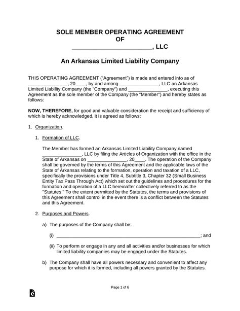 Free Arkansas Single Member Llc Operating Agreement Form Pdf Word