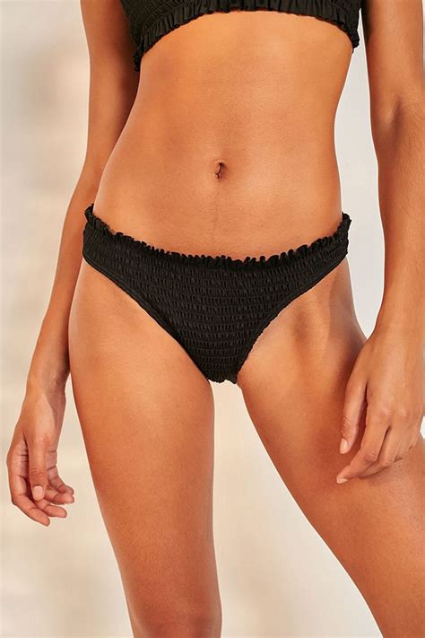 Uo Smocked Frill Black Bikini Bottoms Urban Outfitters