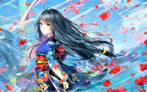 Download Wallpaper 3840x2400 Girl Kimono Flowers Wind Anime 4k