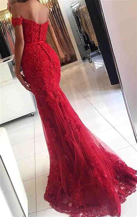 Macloth Mermaid Off The Shoulder Lace Long Prom Dress Red Formal Eveni