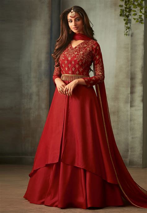 Red Silk Layered Anarkali Suit 72005