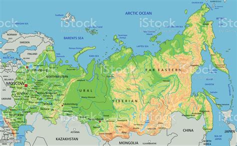 High Detailed Russia Physical Map With Labeling Stock Illustration