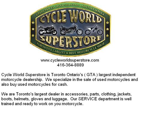 We feature motorcycles and more from brands including honda, suzuki, kawasaki, yamaha, american made, bmw. Cycle World Superstore www.cycleworldsuperstore.com