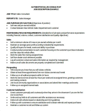 Car dealer job description example. FREE 9+ Sales Consultant Job Description Samples in MS ...