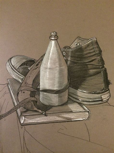 Charcoal Drawing Of Still Life Including Old Spice And Chuck Taylor