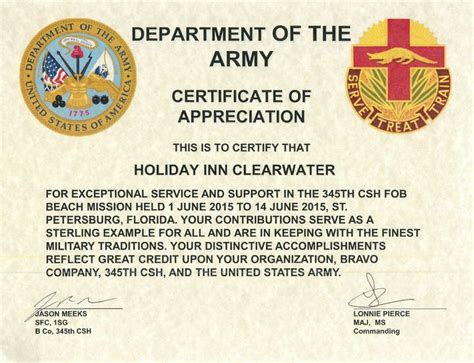 Army Certificate Of Appreciation Example In A