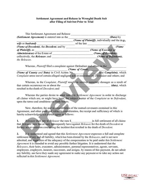 Settlement Agreement And Release In Wrongful Death Suit After Filing Of