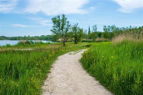 Beautiful Walk Path At Lake Side Meadow Nature Landscape Stock Photo