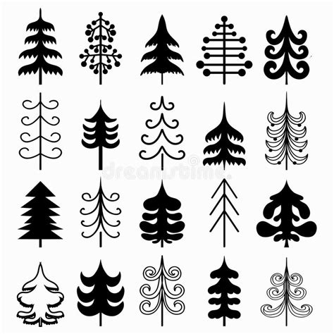 Christmas Tree Set Isolated On White Background Black And White Colors