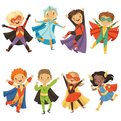 Premium Vector Kids In Superhero Costumes Funny Characters Isolated