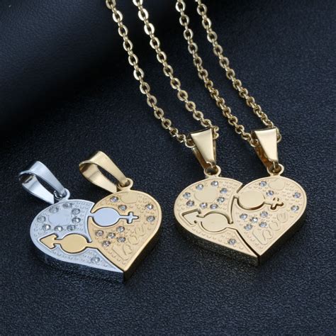 Engravable Cute Matching Heart Couples Necklaces In Titanium