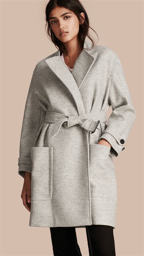 Lyst Burberry Wool Belted Wrap Coat In Gray