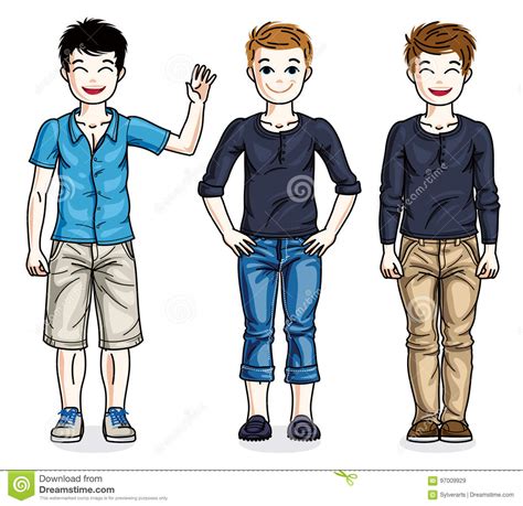 Beautiful Happy Young Teenager Boys Posing Wearing Fashionable C Stock