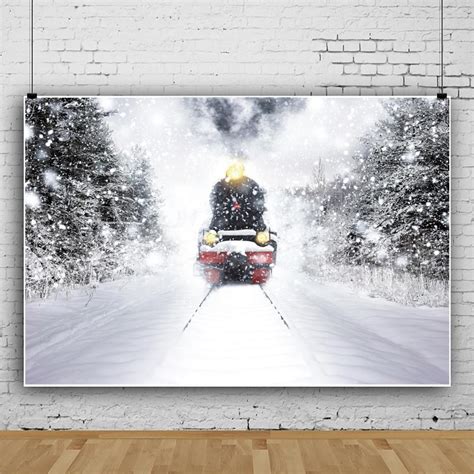 Laeacco Winter Snow Snowflake Train Pine Forest Way Scenic Photography
