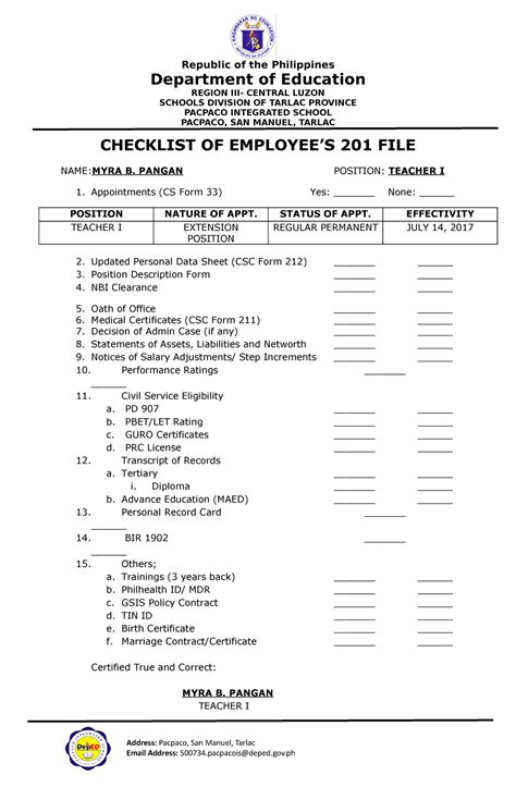 201 File Checklist Needed List In Entering Deped Elementary