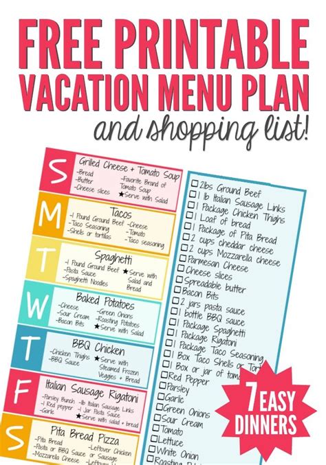 Free Printable Vacation Menu Plan And Shopping List Vacation Meals