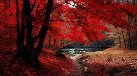 Red Leaves Surrounding A Stream In A Forest Background Red Fall