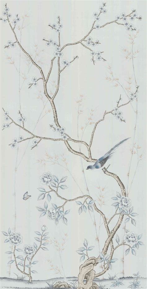 Chinoiserie Handpainted Wallpaper And Artwork In Silver Gray Silk