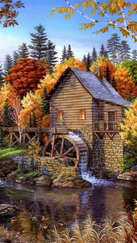 Old Mill Scenery Autumn Scenery Landscape Art