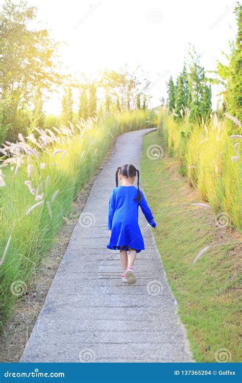 Back View Asian Little Kid Girl Walking On Walkway Between Wild Grass