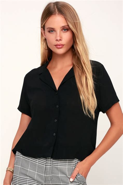 Cute Black Button Up Top Button Up Crop Top Collared Top Lulus