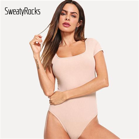 Sweatyrocks Solid Rib Knit Skinny Bodysuit Cap Sleeve Square Neck Bodycon Elegant Bodysuit 2019