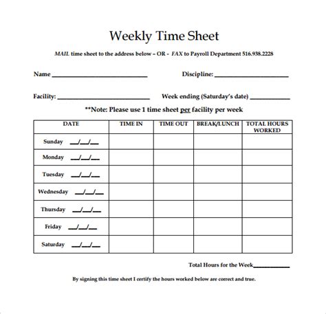 Printable Weekly Timesheet Template Word