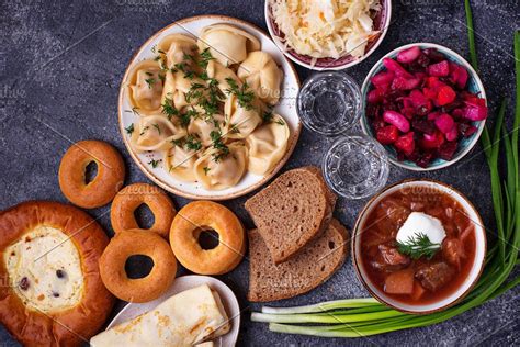 Traditional Russian Dishes Sweets And Vodka Stock Photo Containing