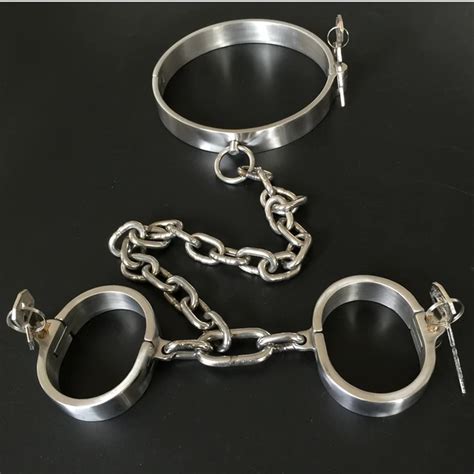 304 Stainless Steel Lockable Neck Collar Handcuffs With Chain Hand