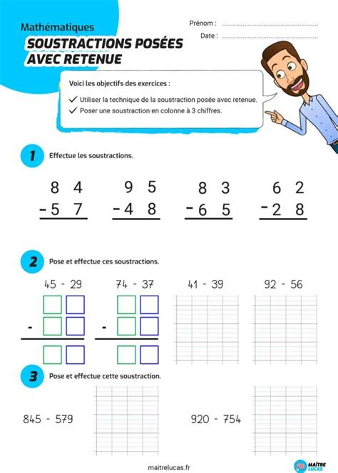 Exercices Soustractions Posées Avec Retenue Maître Lucas