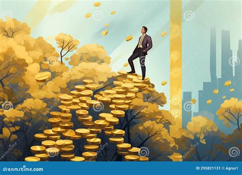 Llustration Of A Businessman On A Mountain Of Money Success Concept