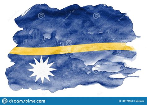 Nauru Flag Is Depicted In Liquid Watercolor Style Isolated On White