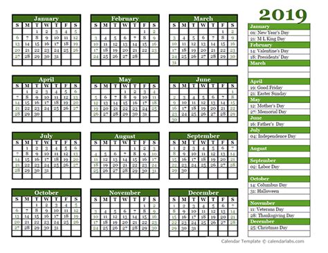 Editable 2019 Yearly Calendar Landscape Free Printable Templates