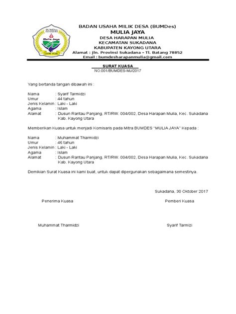Kop Surat Badan Usaha Milik Desa Mulia Jaya Pdf