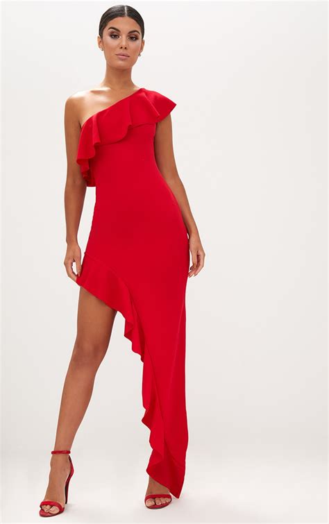 Red One Shoulder Ruffle Detail Asymmetric Maxi Dress Dresses