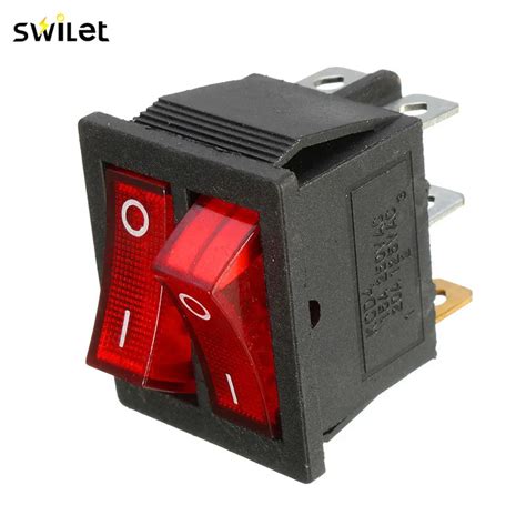 1pc Ac 15a250v 20a125v Double Red Light 6 Pin Toggle Spst Onoff 2