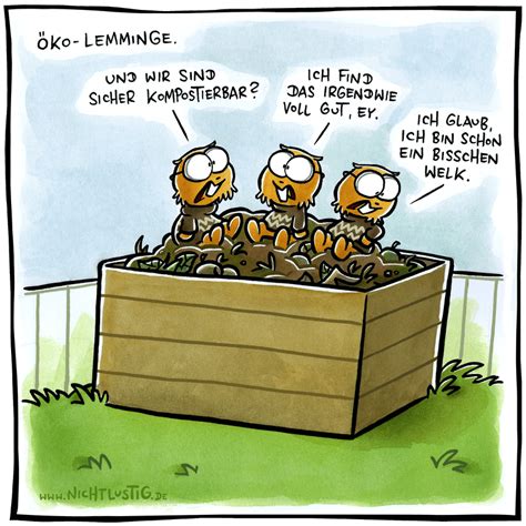 Lemminge haben eine ziemlich abgerundete form mit braunem und schwarzem, langem, weichem fell. NICHTLUSTIG-Cartoon: ÖKO-LEMMINGE