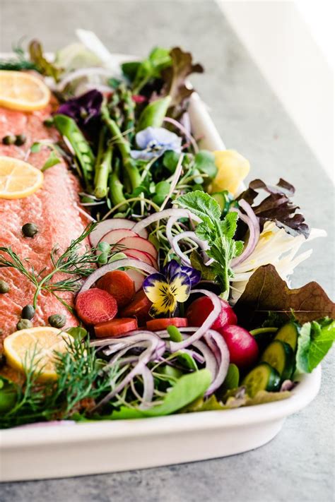 Switch things up on your seder table. Spring Salmon Salad Platter for Easter, Passover, Mother's Day, or your best friend's shower ~ a ...