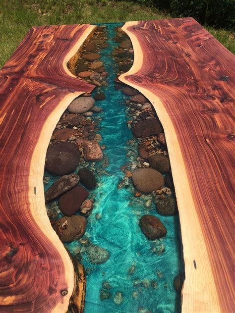Cedar Live Edge River Dining Table With Stone Resin Etsy Wood Resin