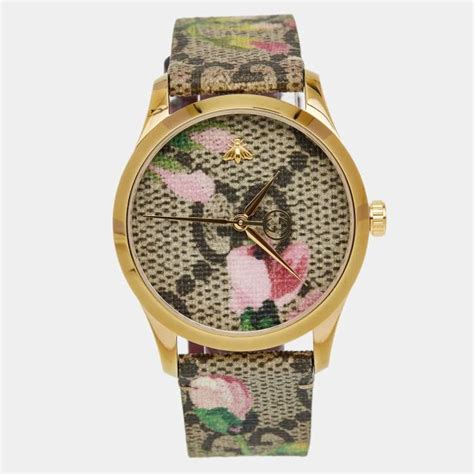 Gucci Pink Blossom Rose Gold Plated Stainless Steel Leather G Timeless