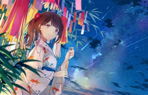 Wallpaper Falling Stars Kimono Brown Hair Anime Girl Night Sky