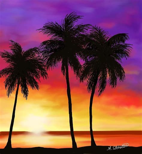 Sunset On A Palm Beach Painting By Amy Scholten Beach Sunset Painting